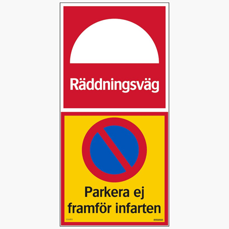 Trafikskyltar | Räddningsväg parkera ej framför infarten - Skylt Plan