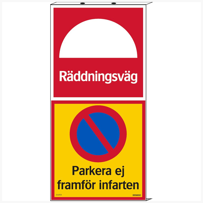 Trafikskyltar | Räddningsväg parkera ej framför infarten - Skylt Plan