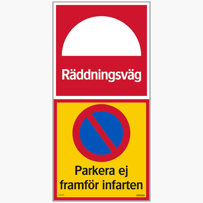 Trafikskyltar | Räddningsväg parkera ej framför infarten - Skylt Plan